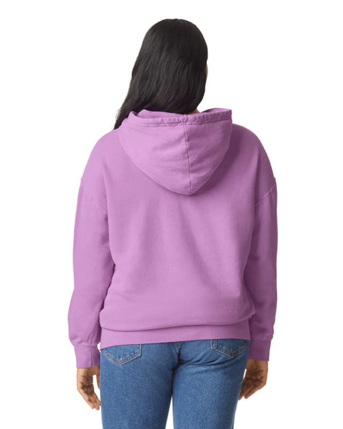 A lightweight hooded sweatshirt in purple, featuring a logo, viewed from the back.