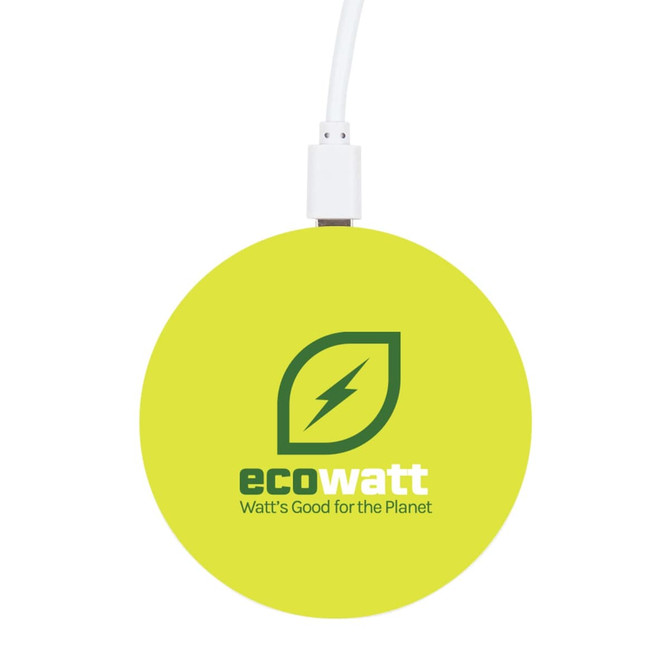 A round, bright green wireless charger with a logo on the surface and a connected charging cable.