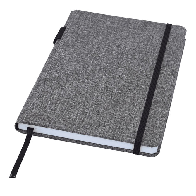 A grey A5 notebook with a textured cover, elastic band closure, and bookmark ribbon. Features a branding logo.