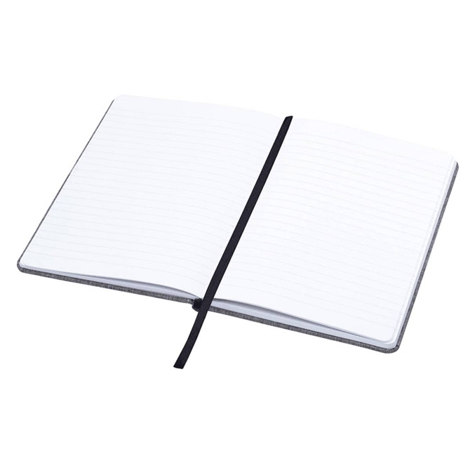 A grey A5 notebook with lined pages and a black elastic band closure, featuring a simple design.