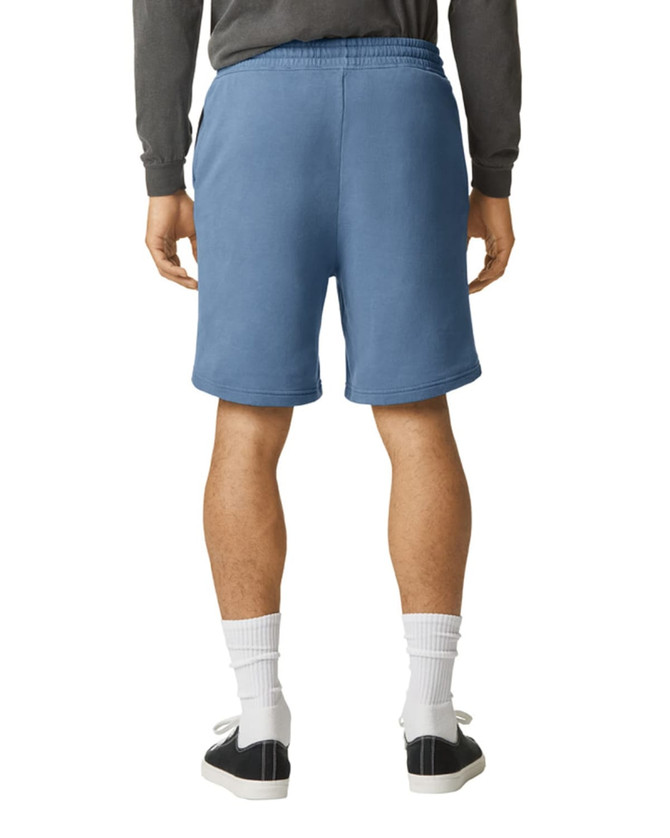 Comfort Colors lightweight sweatshorts in blue, featuring an elastic waistband and a logo. Suitable for casual wear.