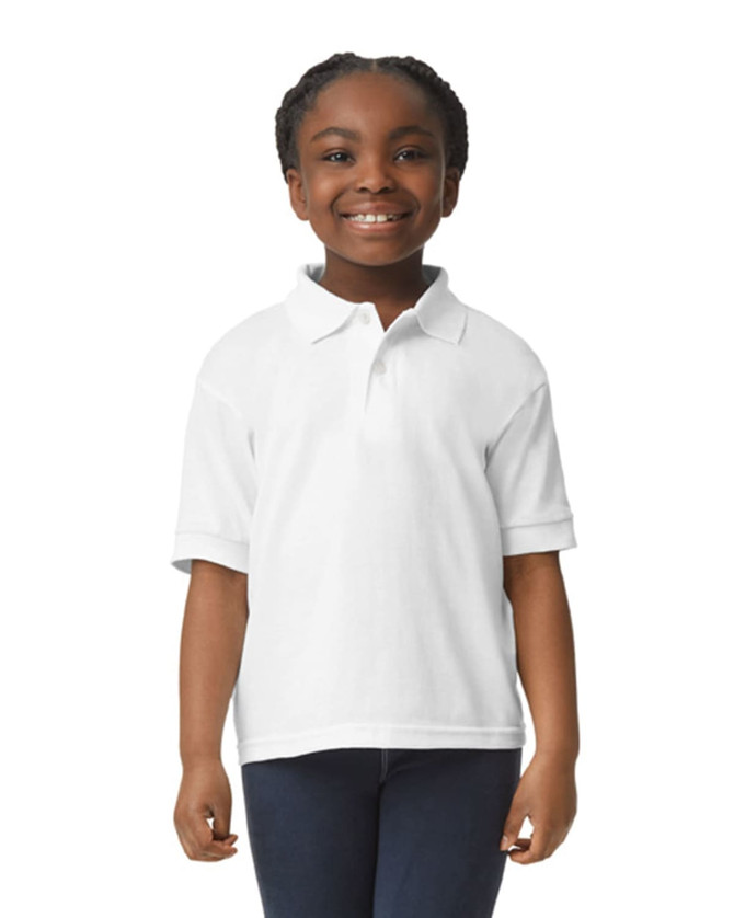 A white youth polo shirt with a collar, featuring short sleeves and a logo.