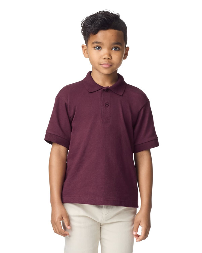 A burgundy Gildan Youth Polo shirt with a collar and short sleeves, featuring a logo on the chest area.