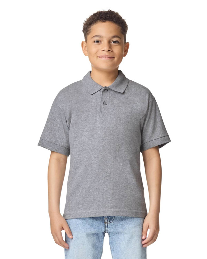 A grey Gildan youth polo shirt with a collar and short sleeves, featuring a logo on the chest.
