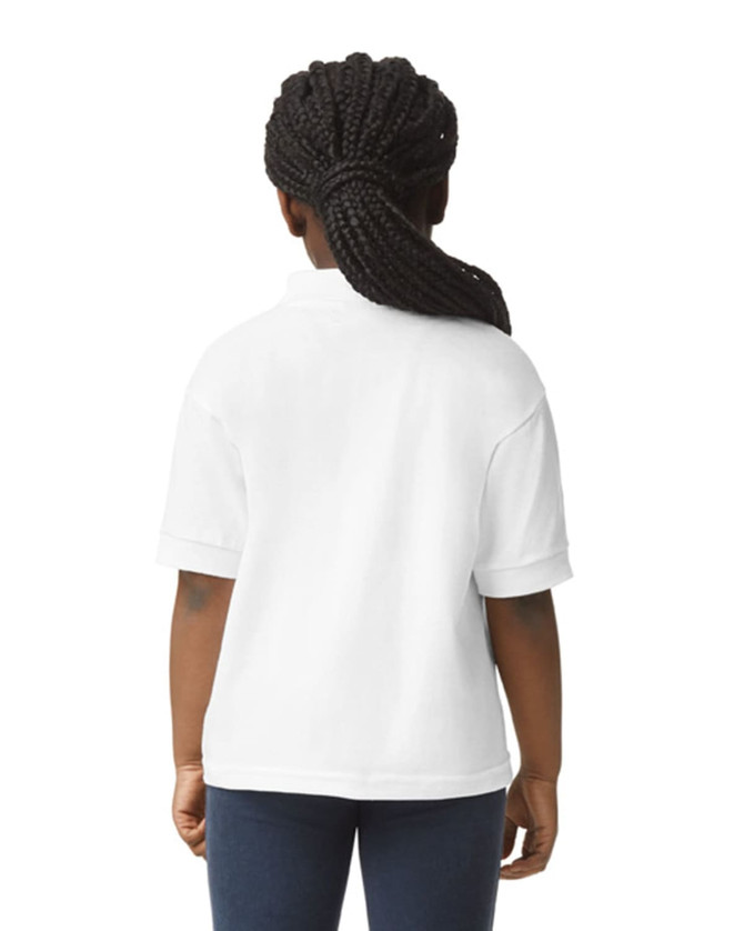 A white youth polo shirt with short sleeves, featuring a logo on the back.