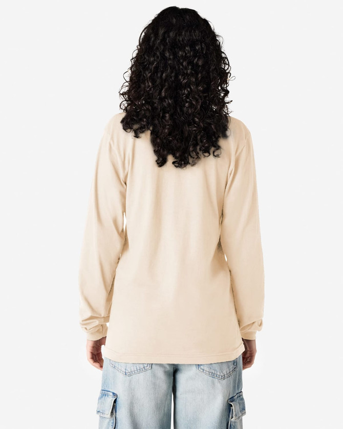 A long sleeve T-shirt in beige, viewed from the back, featuring a logo on the upper back.