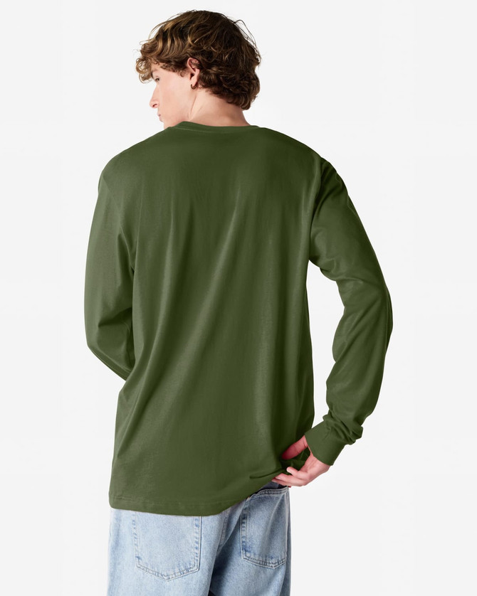 A green long sleeve T-shirt, featuring a logo, displayed on a person from the back, with casual denim pants.