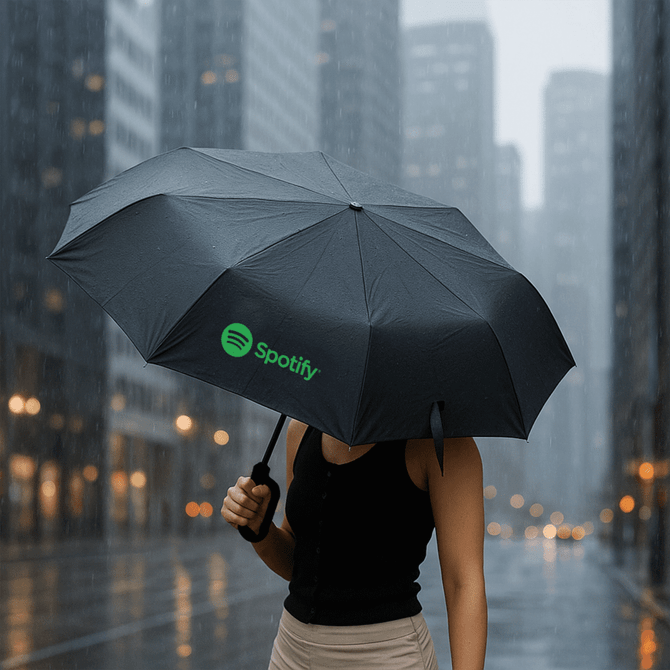 A black foldable umbrella featuring a logo, held by a person in a rainy city setting.