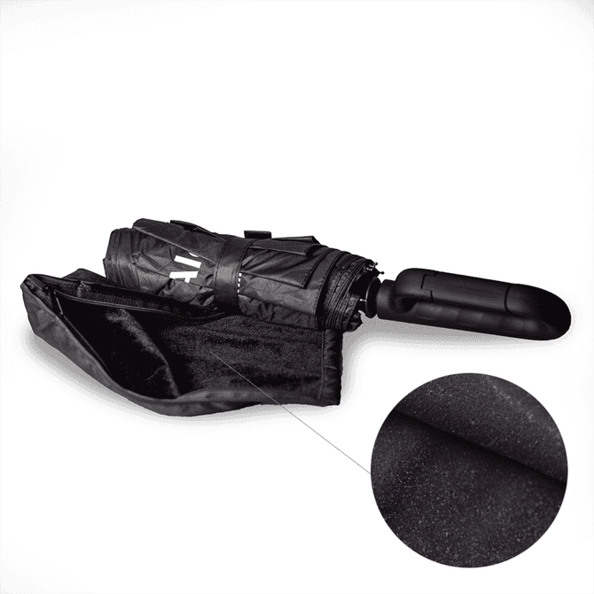 A black foldable umbrella with a handle, featuring a compact design and a smooth surface texture.