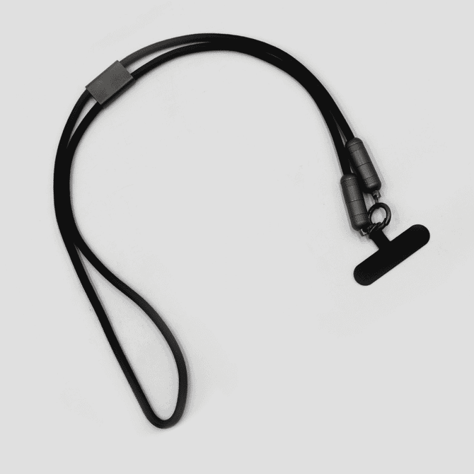 A black lanyard with data and charging connectors on each end. It includes a branding logo.