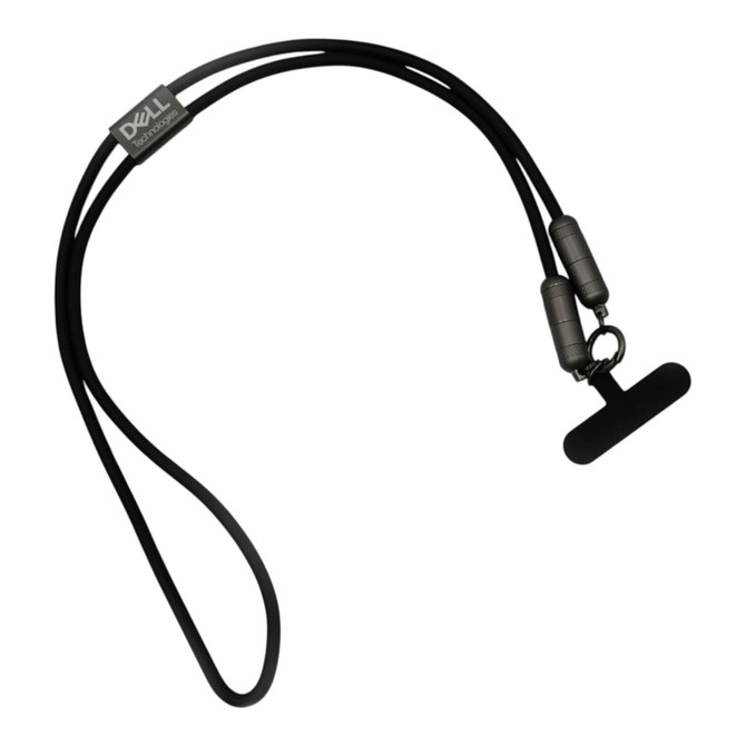 A black charging lanyard with two grey ends, featuring a logo at the top.