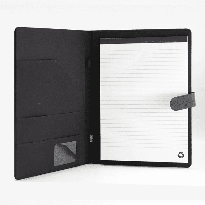 A black RPET portfolio featuring a notepad, card slots, and a recycled symbol on the bottom corner.