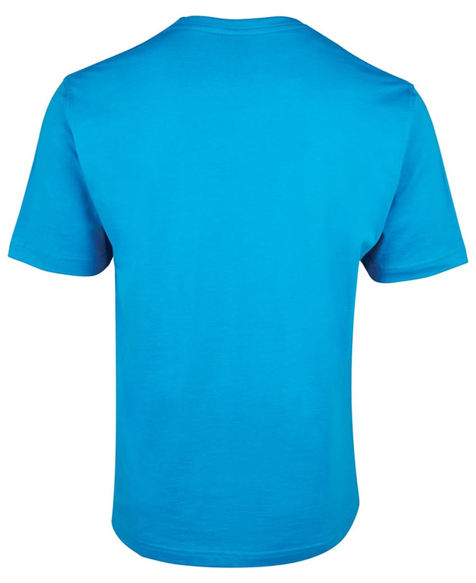 A vibrant blue t-shirt with a classic crew neck and short sleeves, featuring a branding logo.