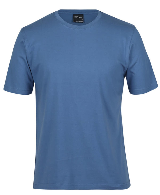 A blue t-shirt with short sleeves and a round neckline, featuring a label inside.