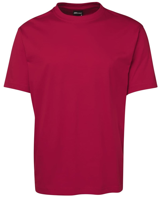 A red T-shirt with a round neck and short sleeves. The shirt features a brand logo on the neckline.