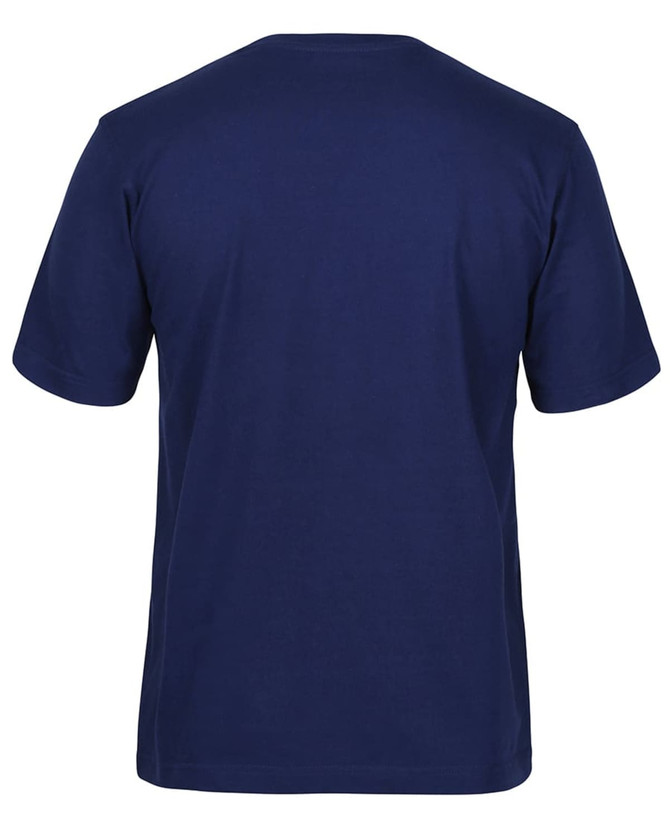A navy blue t-shirt with a standard cut and short sleeves, featuring a logo on the back.