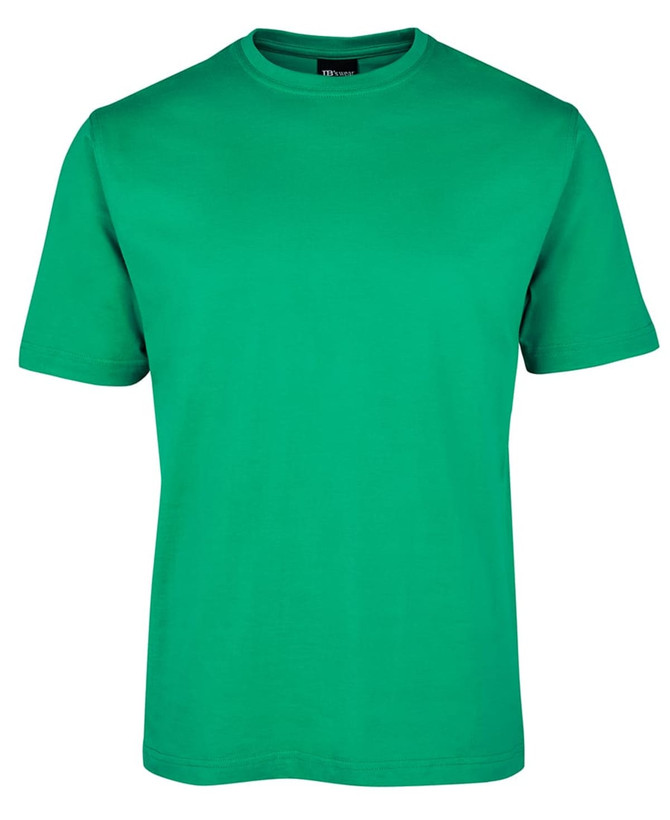 A green short-sleeved T-shirt with a crew neck and a branding label on the collar.