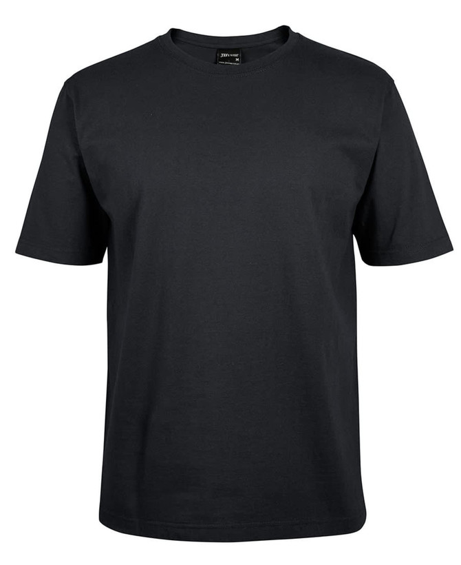 A black t-shirt featuring a simple design and a small logo on the label. The shirt has short sleeves and a classic fit.