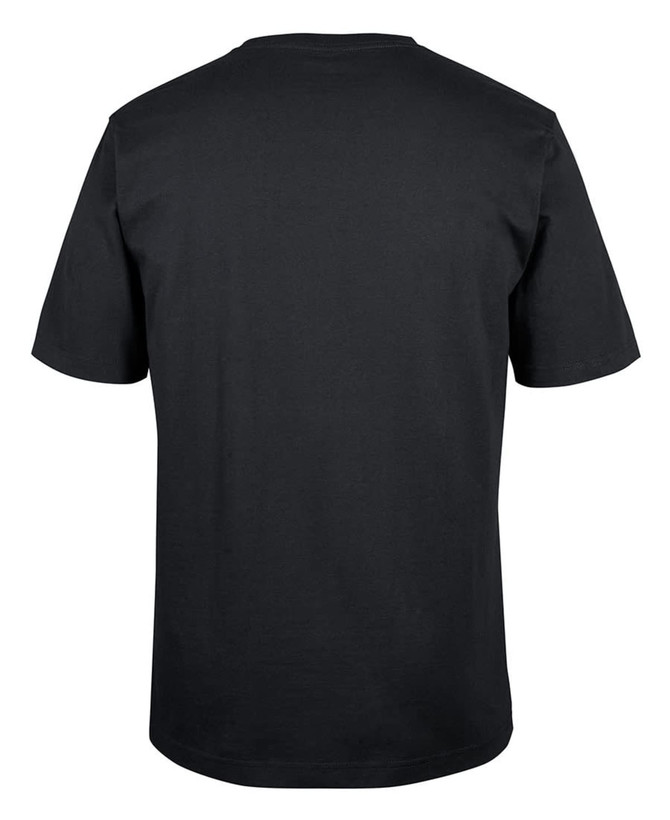 A black t-shirt featuring a plain back design with short sleeves and a standard fit. It includes a logo.