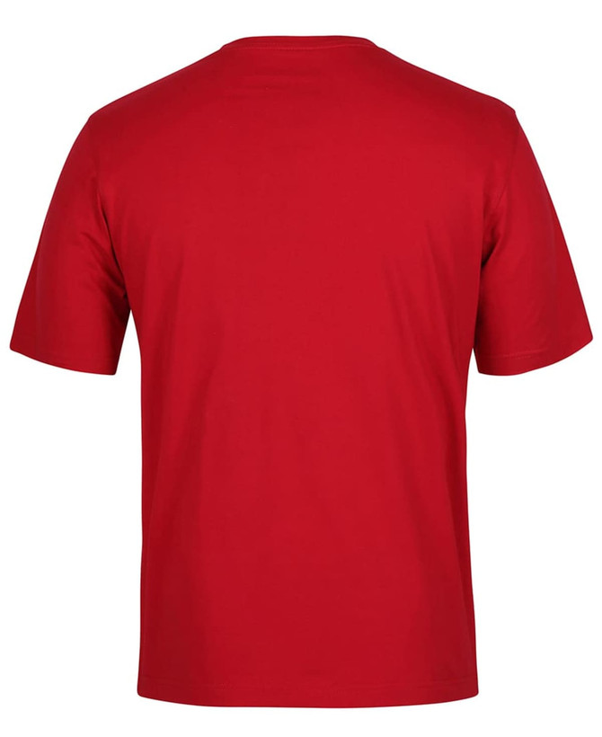 A red t-shirt with a round neckline and short sleeves, featuring a simple design on the back and a logo.