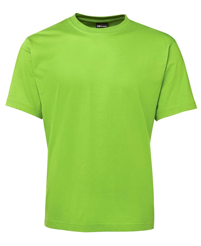 A bright green t-shirt with short sleeves and a round neckline, featuring a logo on the label.