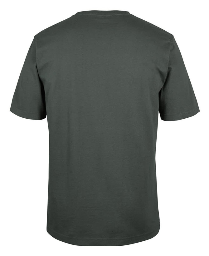 A dark green T-shirt featuring a plain back design and short sleeves. The shirt includes a logo.