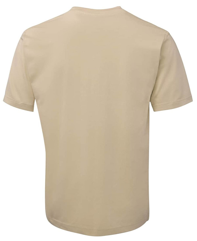 A beige T-shirt with short sleeves and a plain back, featuring a small logo.