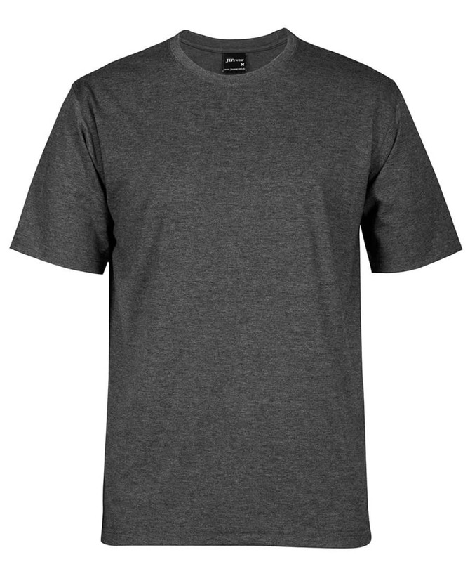 A grey t-shirt featuring a classic crew neck design and short sleeves, with a logo on the inside label.