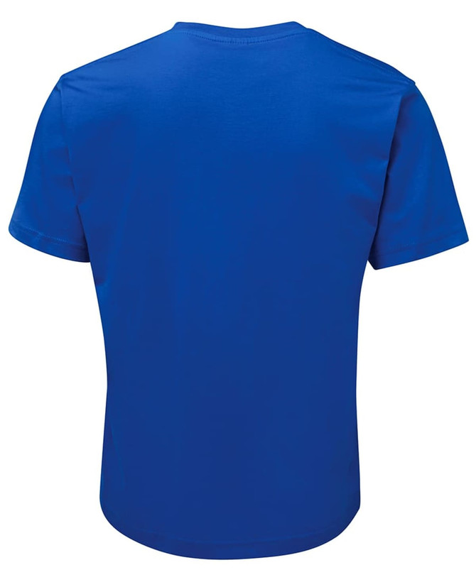 A blue T-shirt featuring a plain back and a logo on the neckline.