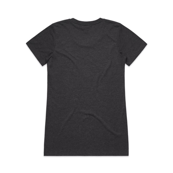 A dark grey T-shirt featuring a simple design and a branding logo on the back.