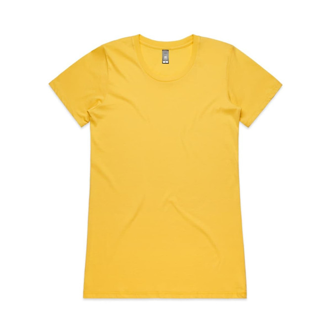 A yellow T-shirt with a round neckline, featuring short sleeves and a simple design, including a logo.
