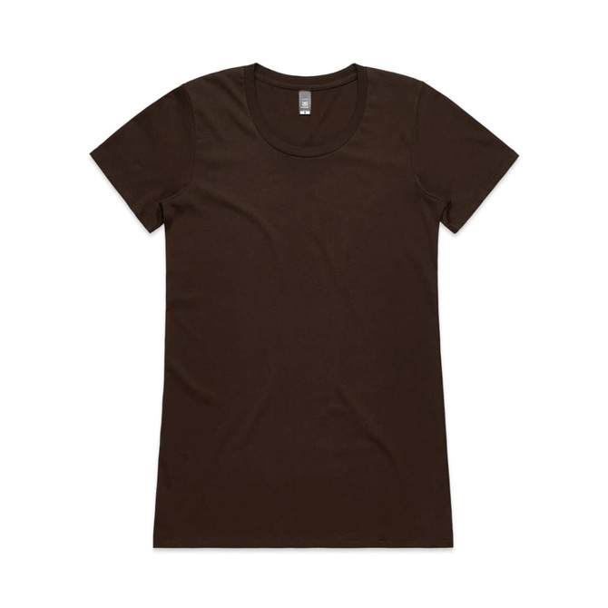 A brown T-shirt with a round neck and short sleeves. It features a logo on the label.