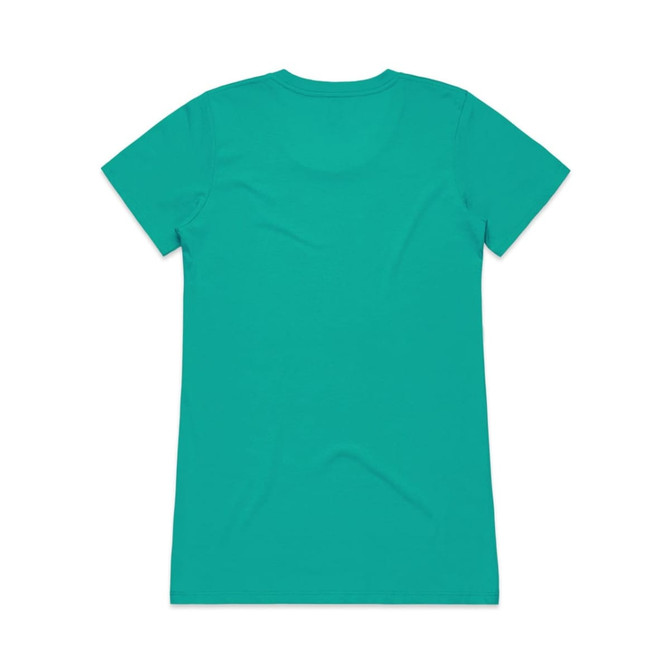 A teal T-shirt featuring a plain design on the back, with a logo at the neck.