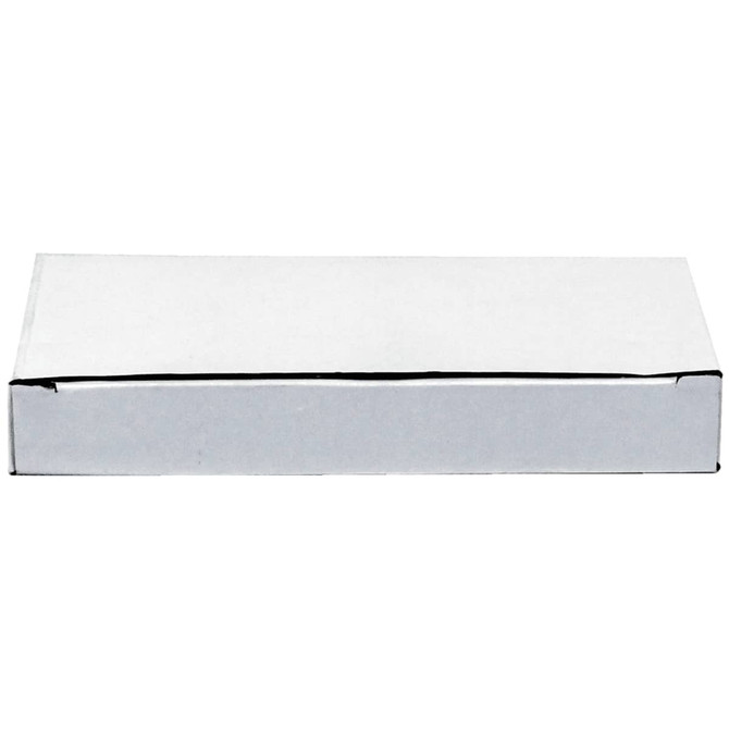 A plain white box with a slightly glossy finish, rectangular in shape, featuring a simple design.