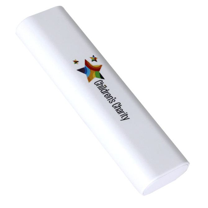 A white charging cable holder with a logo and colourful star design, featuring a "Children's Charity" label.