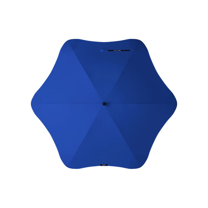 A blue umbrella with a unique star-shaped design and a centre button, featuring a logo on the handle.