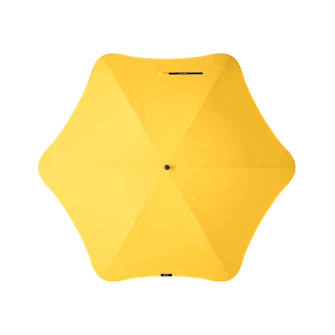 A yellow umbrella with a unique star shape, featuring a central button and a logo.