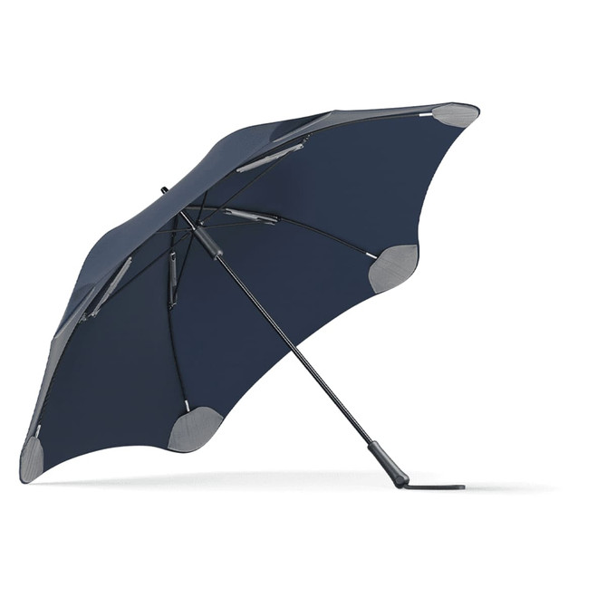 A navy blue umbrella with a unique shape and a sturdy pole, featuring a logo on the surface.