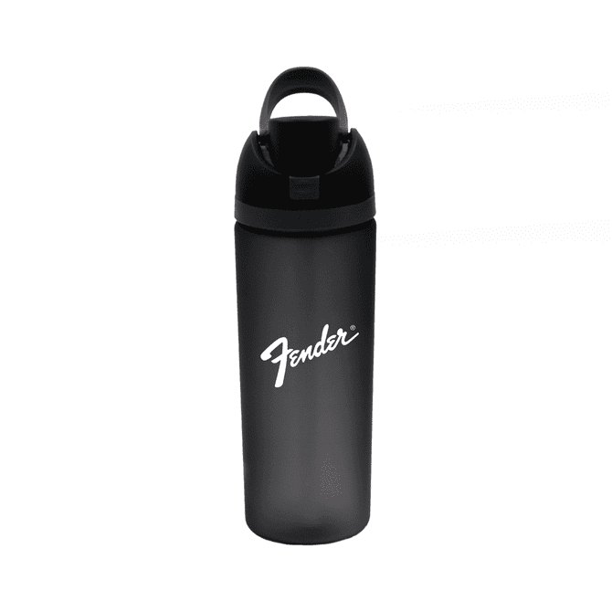 A drink bottle in black with a handle and a logo, featuring a sleek, contemporary design.