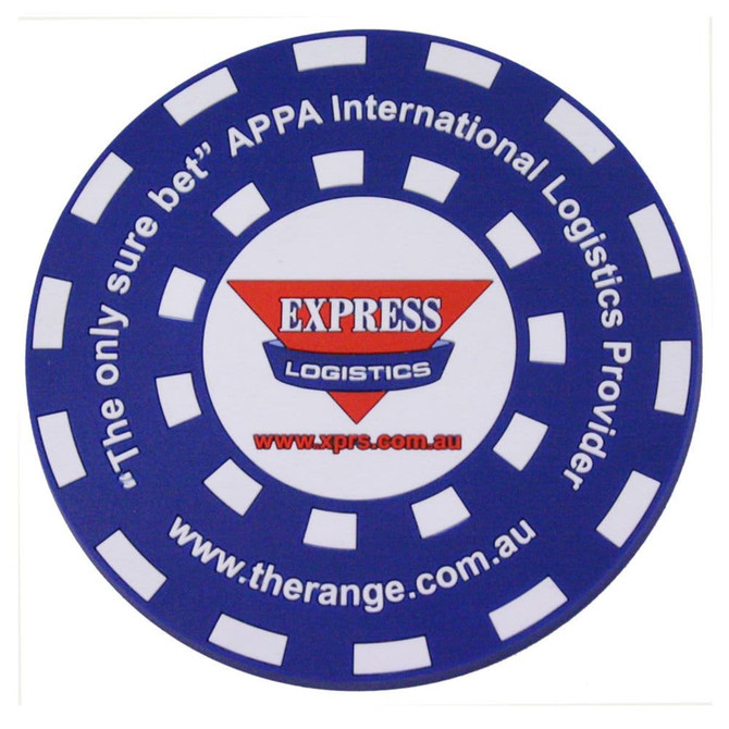 A round blue PVC coaster with white circular patterns and a prominent logo in the centre.