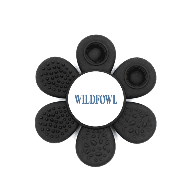 A black flower-shaped product with textured petals and a central logo. It features various raised patterns on each petal.