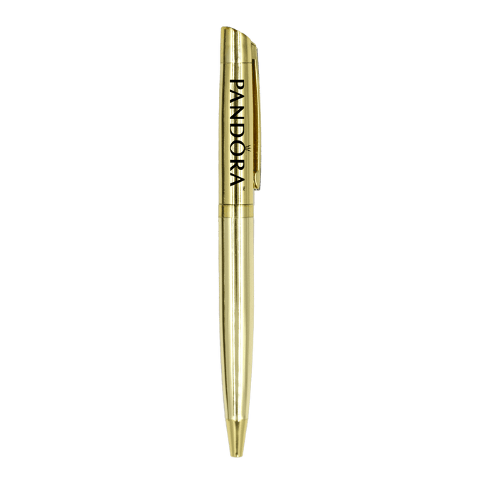 A gold metal ball pen with a clip and a logo on the body.