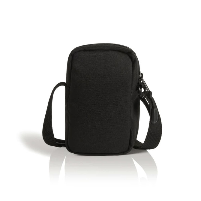 A black recycled camera bag with a zip closure and an adjustable strap. It has a simple, compact design.