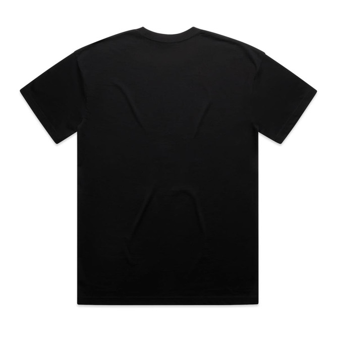 A black oversized tee with a plain design and no graphic elements, featuring a logo on the back.