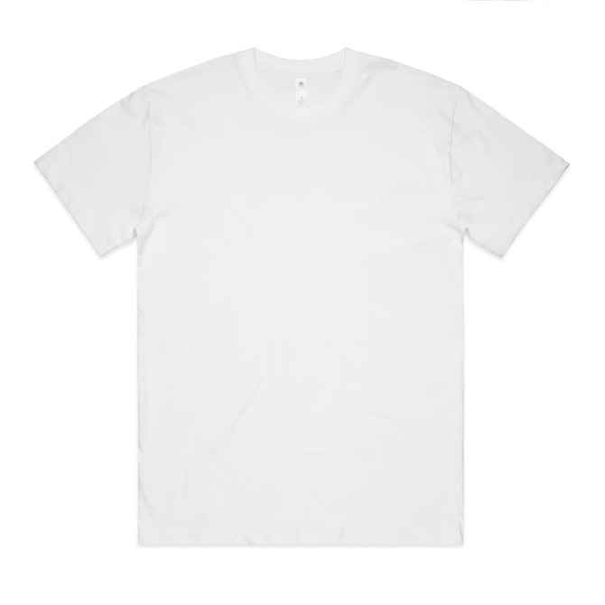 A white oversized tee with a round neckline and short sleeves. It has a logo on the label.