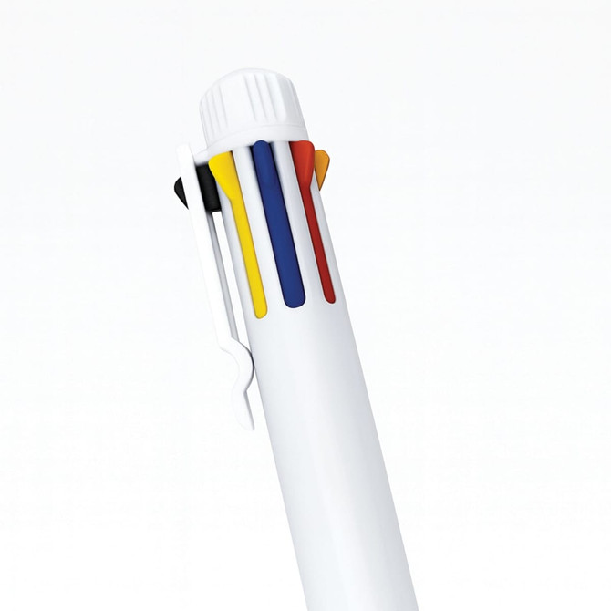 A white pen with a clip, featuring four coloured ink refills in red, blue, yellow, and black.