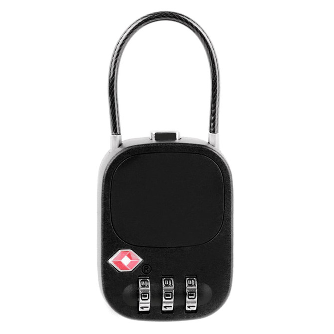 A black TSA lock with a cable shank and a combination dial, featuring a simple logo.