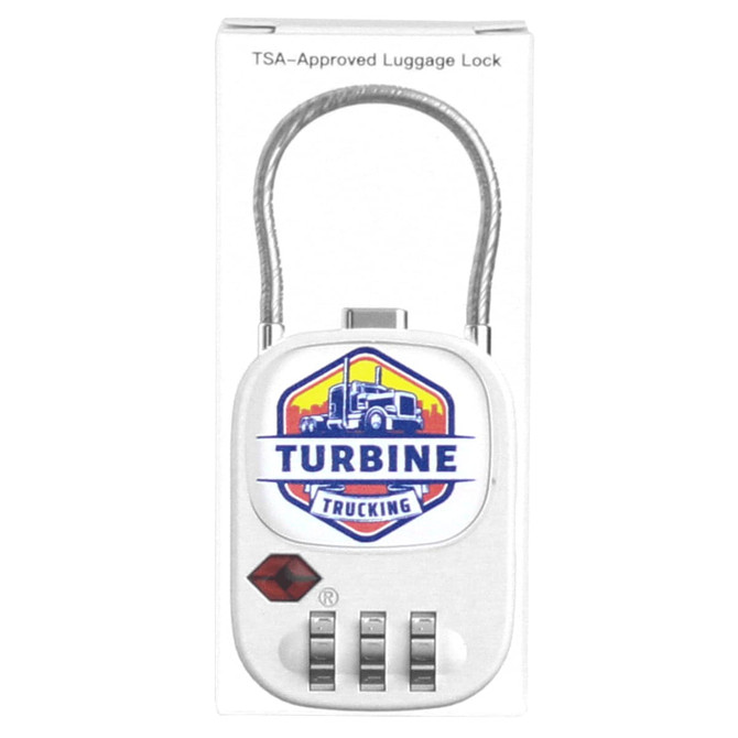 A white TSA-approved luggage lock with a silver shackle and a logo, featuring a four-digit combination dial.