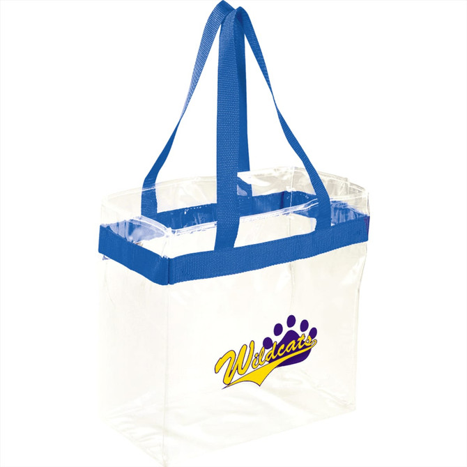 A clear tote bag with blue handles and a logo features a spacious 15L design for versatile use.