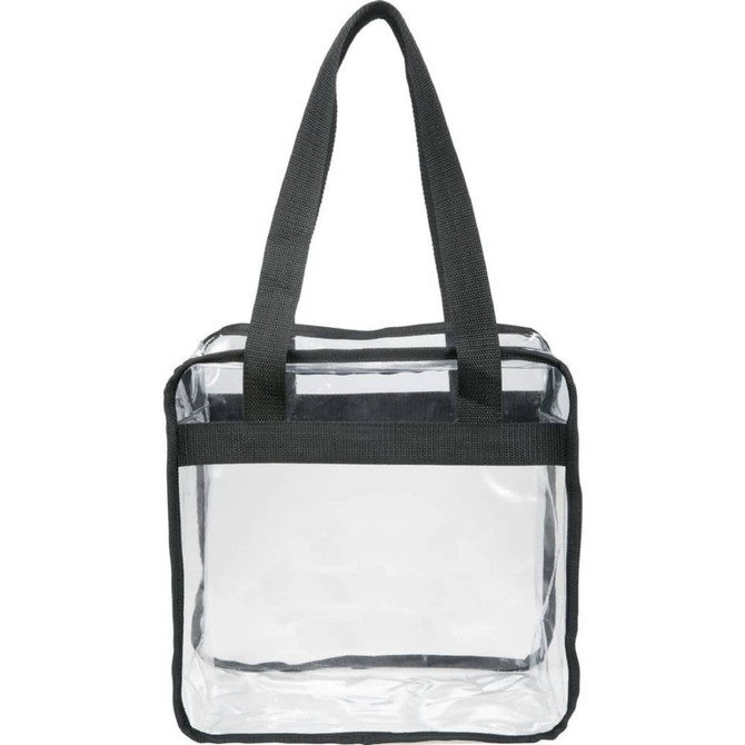 A clear zippered safety tote with black handles, featuring a spacious interior and a simple design.